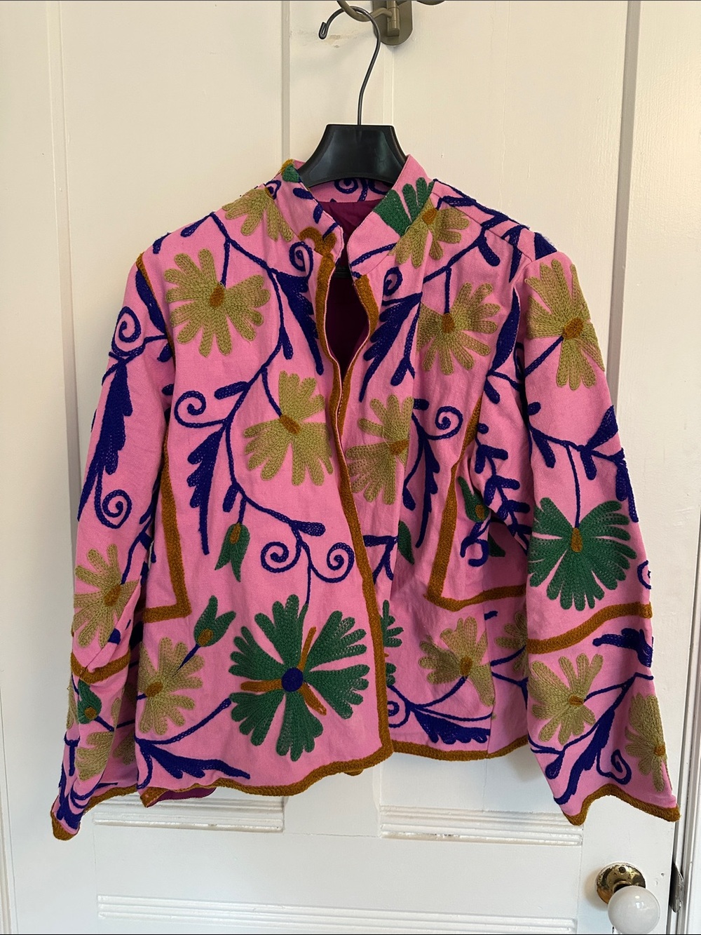 Portobello Road Pink Floral Embroidered Jacket with Green & Blue Accents
